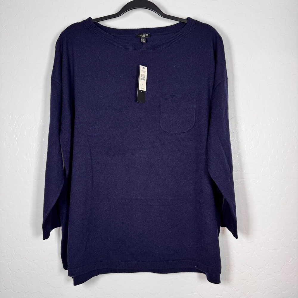 NWT Talbots 1X Sweater Knit Top Pocket Front Long Sleeve Casual Navy Blue Wool